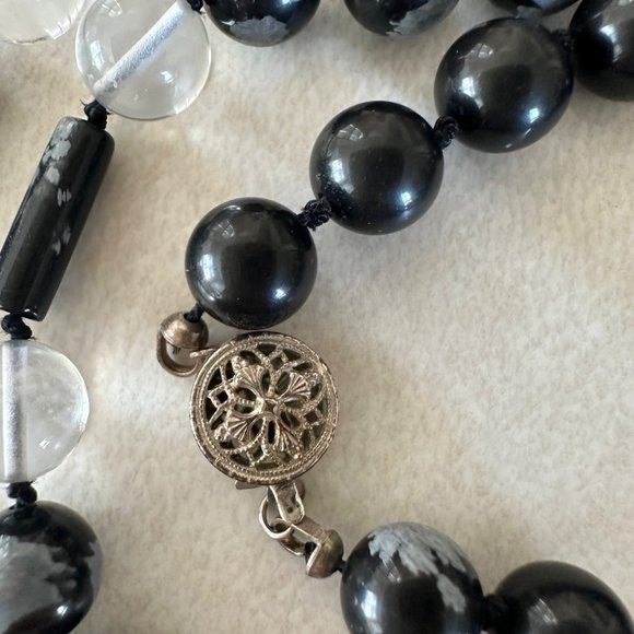 Sterling silver vintage black snowflake obsidian clear glass beaded necklace - Picture 5 of 8